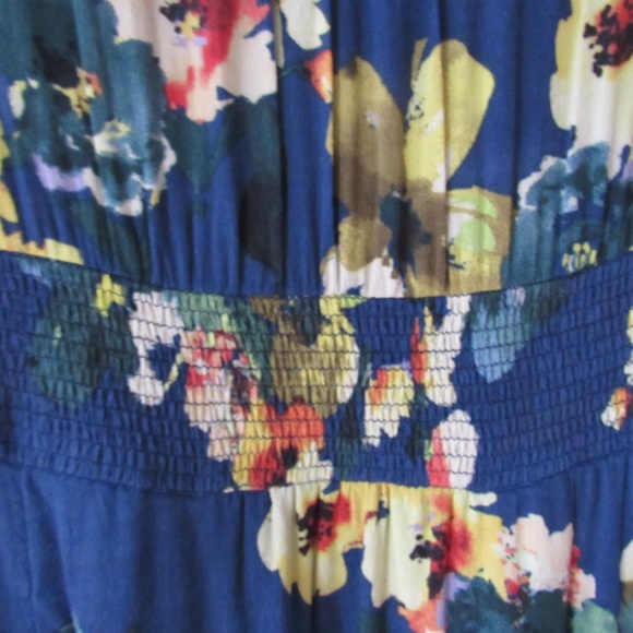 Maeve Anthropologie Evaline Blue Yellow Floral Dress Small Cap Sleeves Smocked - Picture 8 of 11